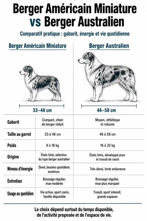 Berger americain vs berger australien : infographie comparative sur la taille, le poids, l’origine et le niveau d’énergie