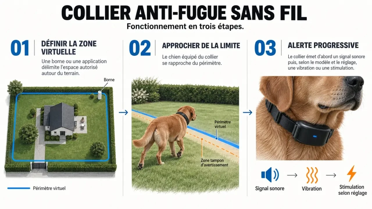 Schéma du fonctionnement d’un collier anti-fugue sans fil pour chien