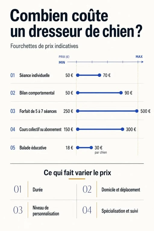 Infographie sur le tarif d’un dresseur de chien selon la prestation et les frais de déplacement
