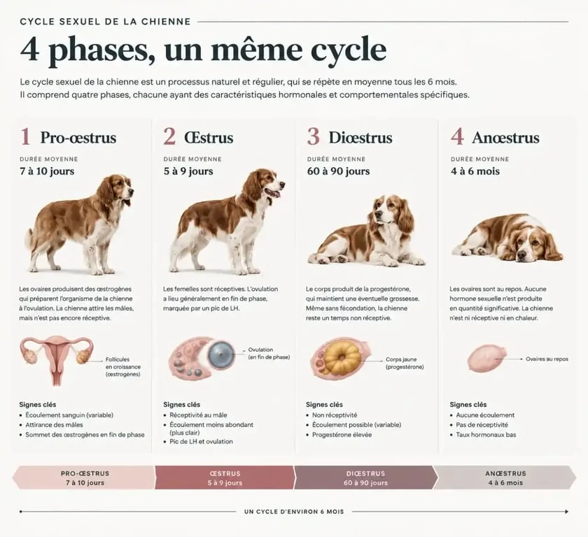 Infographie du cycle de reproduction chien et phases hormonales