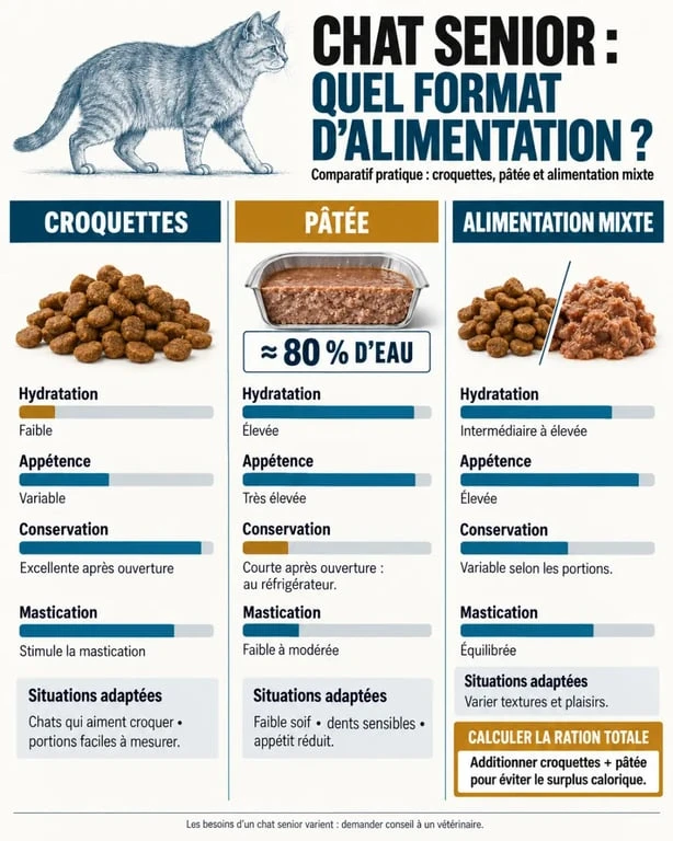Comparatif de l’alimentation pour chat senior entre croquettes, pâtée et alimentation mixte