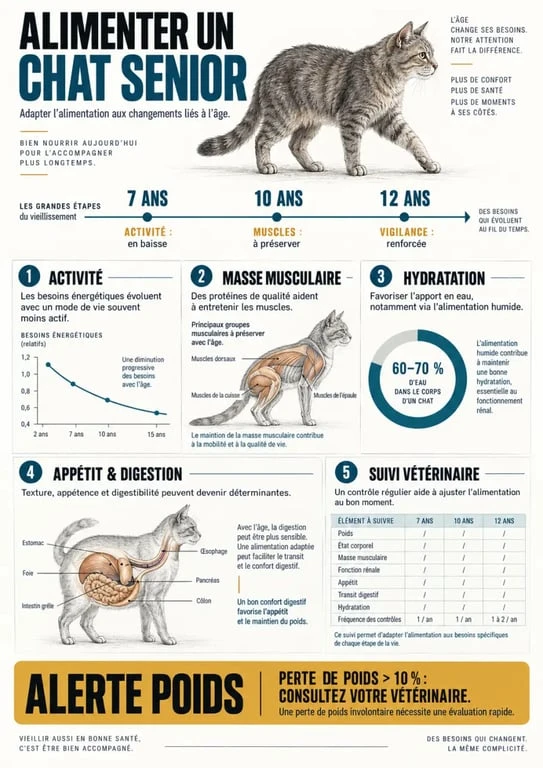 Infographie sur l’alimentation pour chat senior et les changements liés à l’âge