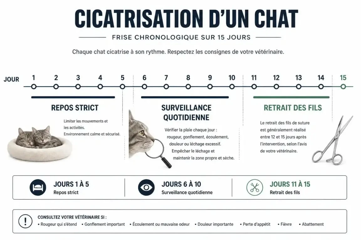 Infographie du temps de cicatrisation d'un point de suture chez le chat et étapes de surveillance