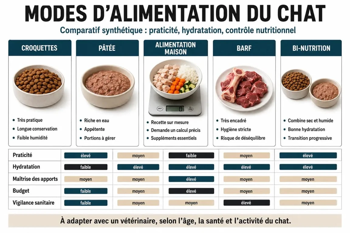 Tableau comparatif des modes d'alimentation naturelle du chat