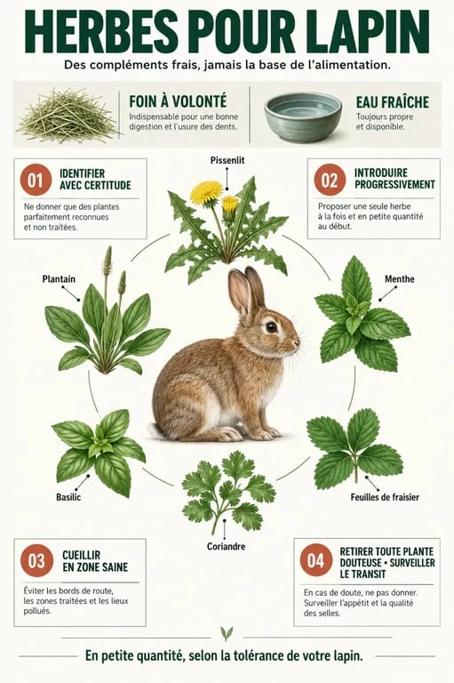 Infographie sur les herbes pour lapin, les plantes comestibles et les précautions de cueillette