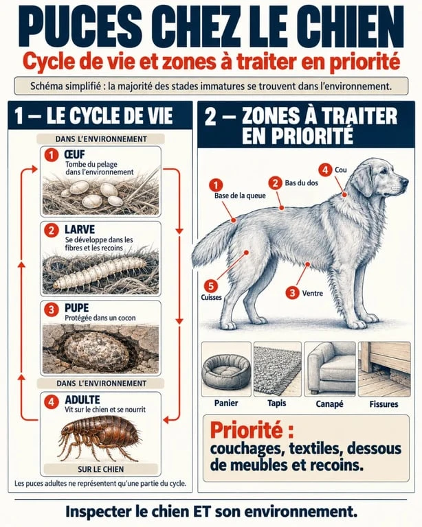 Anti puce naturel chien : cycle de vie des puces et zones à inspecter