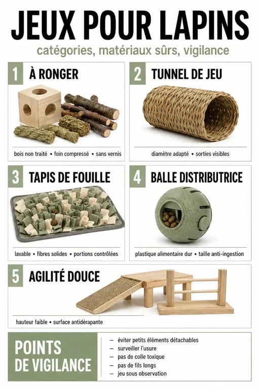 Jeux pour lapins : aperçu visuel des jouets à ronger, tunnels, tapis de fouille et balles distributrices