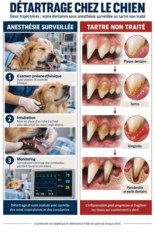 Infographie sur le détartrage chien danger : risques de l’anesthésie surveillée et conséquences du tartre non traité