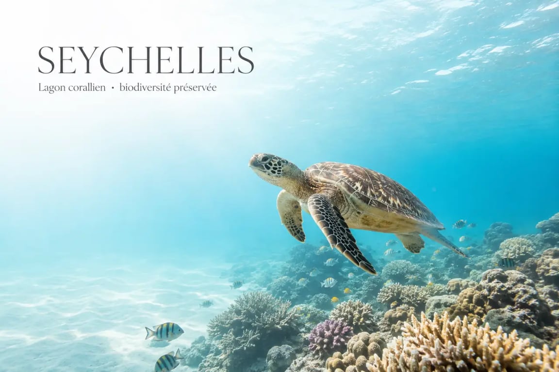 Explorer la biodiversité marine exceptionnelle des îles Seychelles dans un lagon corallien avec tortue marine et poissons tropicaux