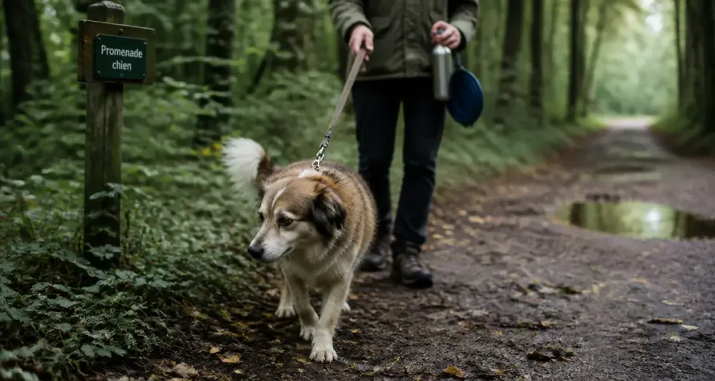 Promenade pour chien autour de moi sur un sentier forestier ombragé