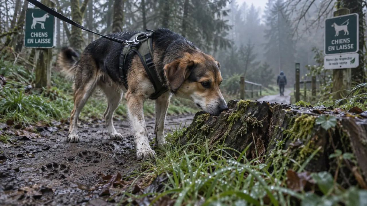 Balade chien autour de moi : chien en laisse près d’un sentier boisé