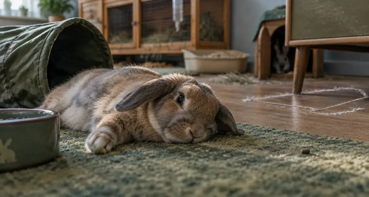 Comportement des lapins : lapin allongé, oreilles et patte sur tapis