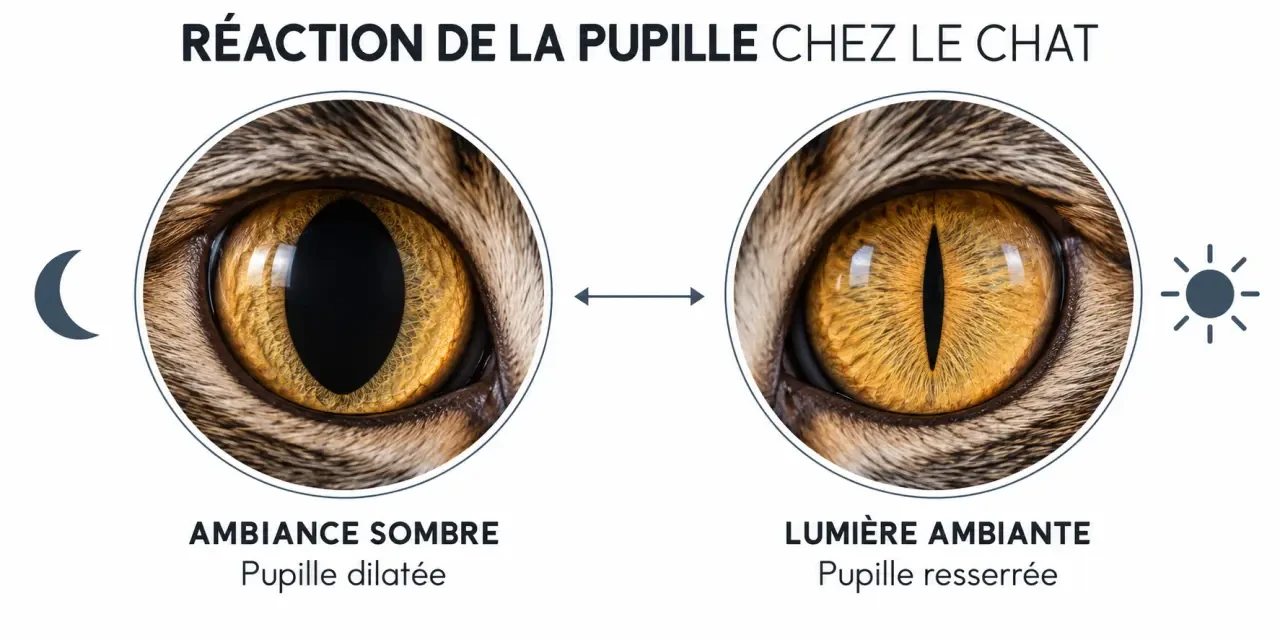 Schéma d’une pupille dilatée chez un chat malade et de la réaction normale de l’œil à la lumière