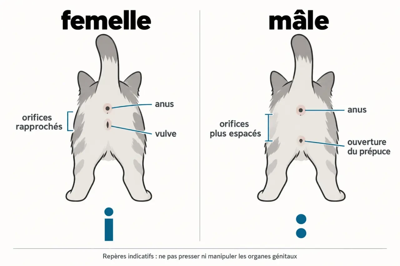 Schéma pour savoir si un chaton mâle ou femelle grâce à la forme et à l’espacement des orifices