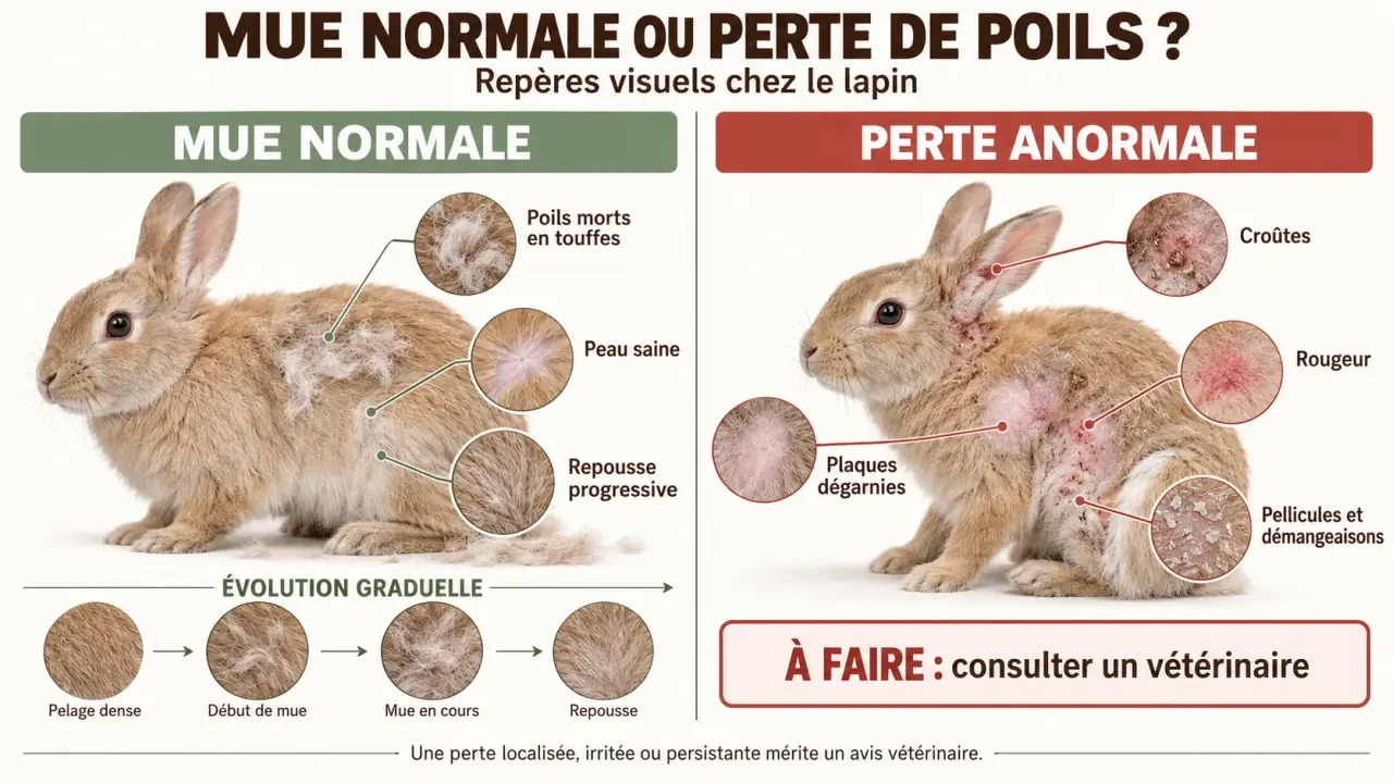 Infographie sur un lapin perd ses poils : différence entre mue normale, plaques, croûtes et irritation