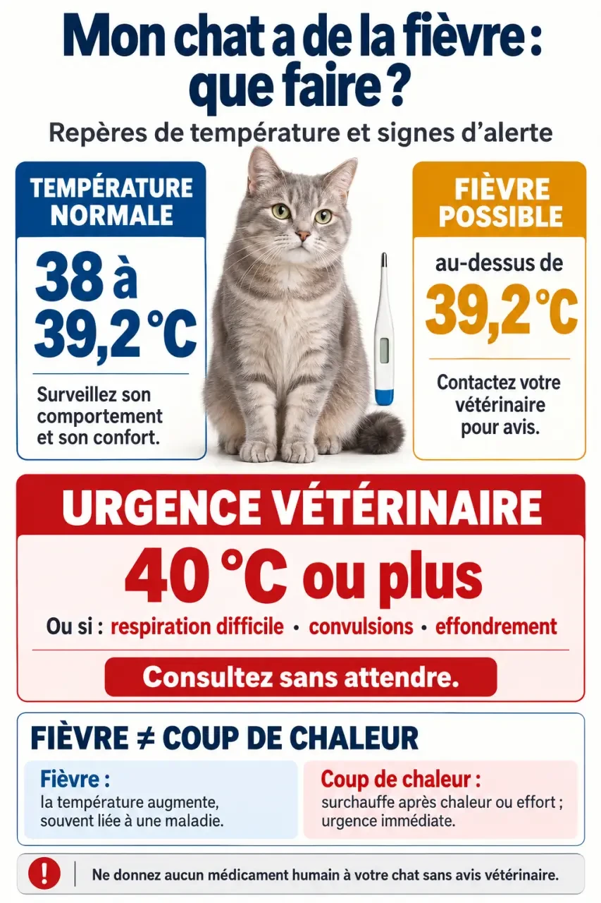 Infographie que faire si mon chat a de la fièvre : seuils de température et signes d’urgence