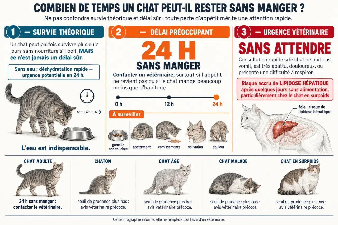 Infographie expliquant combien de temps un chat peut rester sans manger et quand consulter un vétérinaire