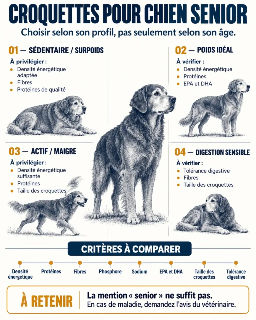 Infographie comparative des meilleures croquettes pour chien senior selon le poids, l’activité et la digestion
