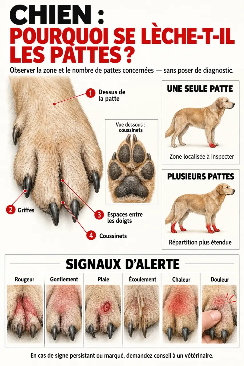 Chien qui se lèche les pattes : zones à inspecter et signaux d’alerte