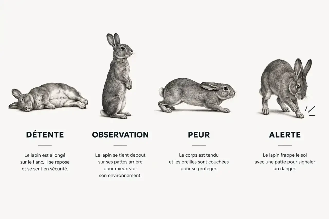Comportement des lapins : les principales postures du langage corporel, détente, observation, peur et alerte