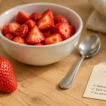 Les fraises pour les chiens : fraises nature en petite quantité, bol et cuillère