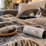 Poils de chat : brosse anti-poils et rouleau sur plaid, réduction des dépôts sans abîmer le pelage