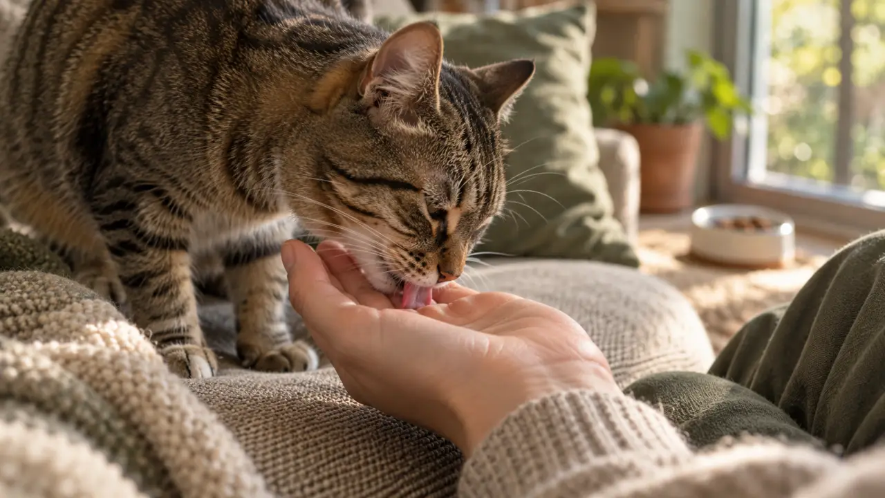 Pourquoi mon chat me lèche : chat qui lèche la main, affection ou stress